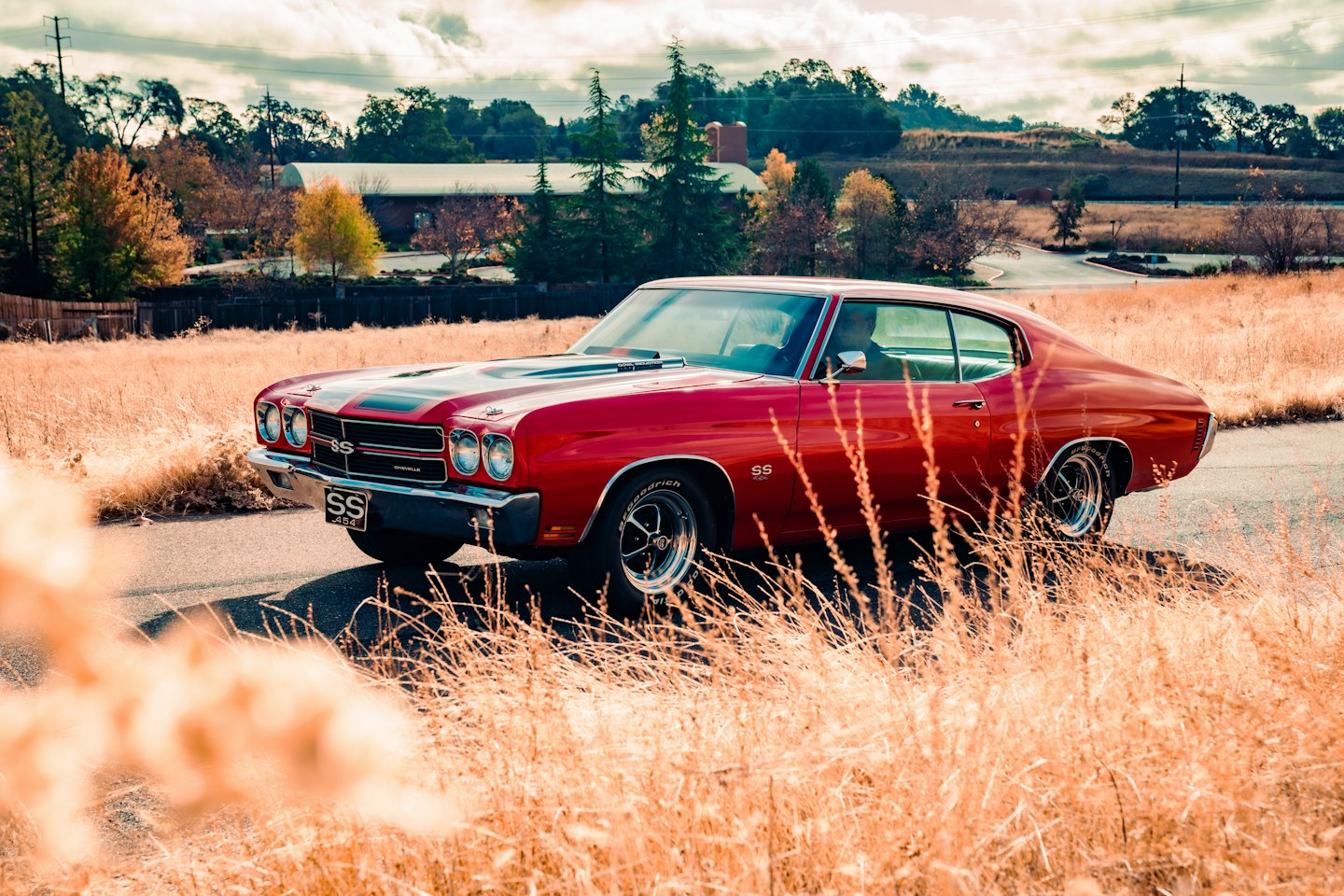 A person sits in a red muscle car on a country road.