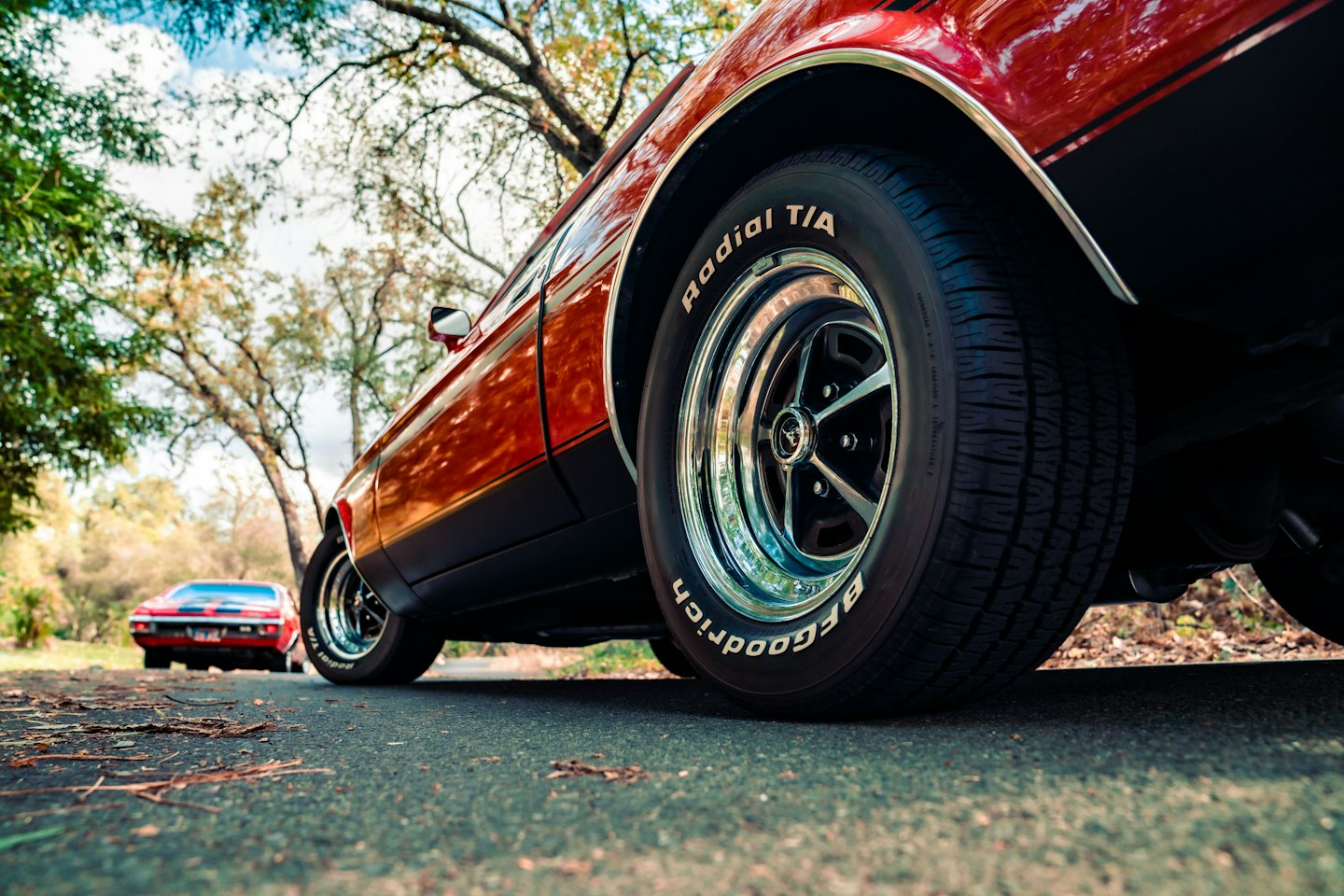 Shiny red classic muscle car parked on asphalt road with leaves.